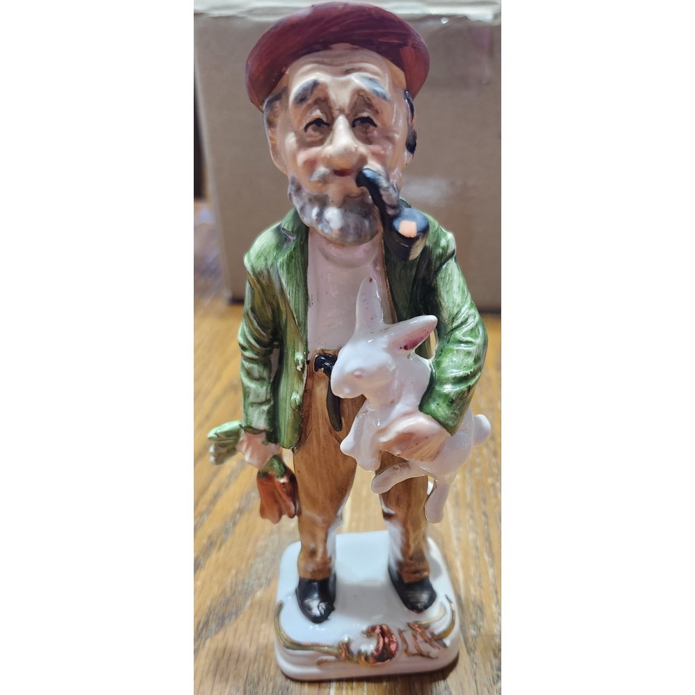 7" Vtg Norleans Japan Porcelain Figurine Man With Pipe Holding Rabbit And Carrot